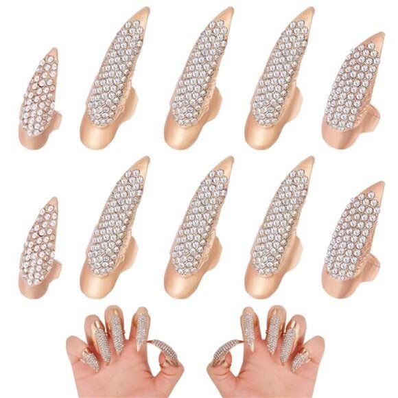Gold Claw Nail Rings – 10pc Punk Gothic Finger Armor Set - Picture 1 of 5